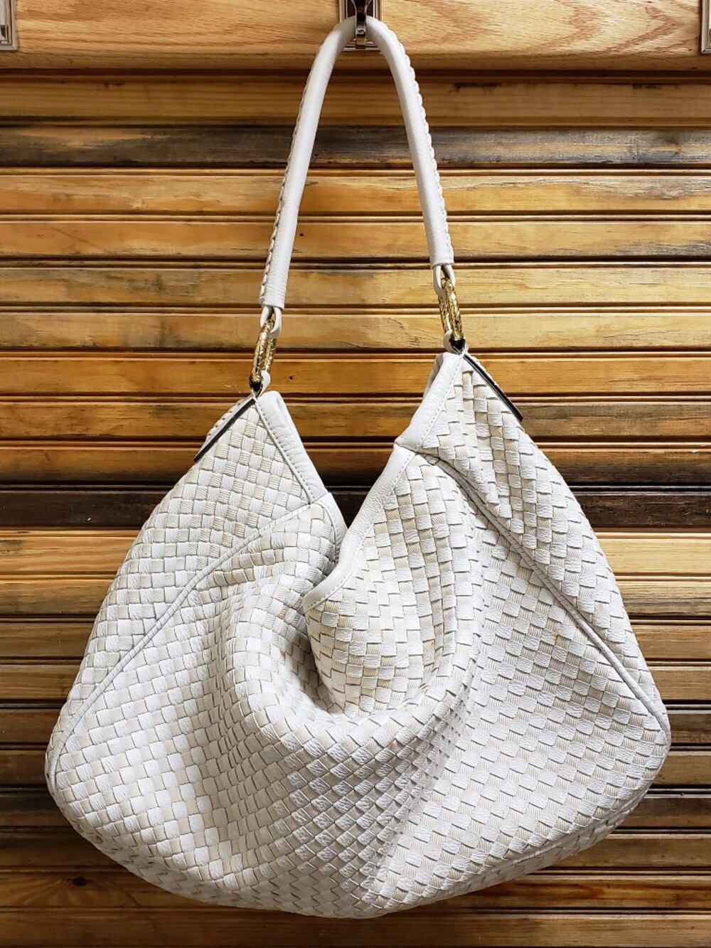 Antonio Melani White Woven Intrecciato Style Leather Hobo Bag Braided Handle